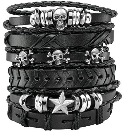 MILAKOO 6 Pcs schwarz geflochtenes Lederarmband für Männer Frauen mit Schädel Armband einstellbar