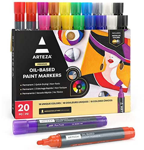 ARTEZA Oil Based Paint Markers Set of 20, Permanent Paint Pens with 2.5 mm Medium Bullet Nib, 18 Colors Plus Extra Black and White, Quick-Drying Markers for Rocks, Wood, Glass, Canvas, Ceramic