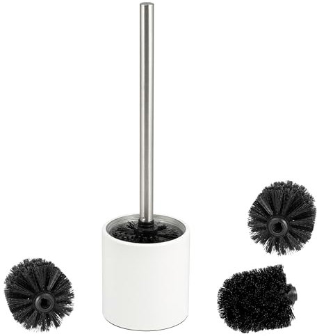 bremermann WC-Garnitur TIRANO, freistehende WC-Bürste mit Glaseinsatz, inkl. 3X Schwarze Ersatzbürstenköpfe, Toilettenbürste für Badezimmer und Gäste-WC aus rostfreiem Edelstahl (Weiß)