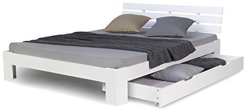 Homestyle4u 2249, Holzbett 140x200 mit Schubladen Weiß Doppelbett mit Lattenrost Bettkasten Bett Holz Kiefer