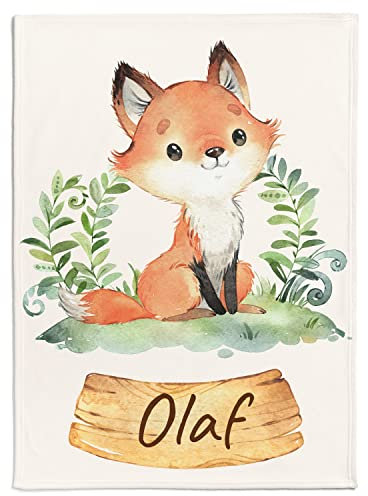 Personalisedog Personalisierte Babydecke mit kleinem Fuchsmotiv und eigenem Namen | Individuelle Kinderdecke Baby Decke Namensdecke (Fuchs), 80 x 110 cm