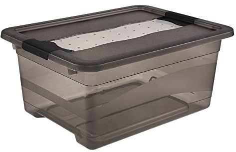 keeeper Storage Box with Lid and Sliding Closing Mechanism, 12 L, Transparent, Crystal Grey