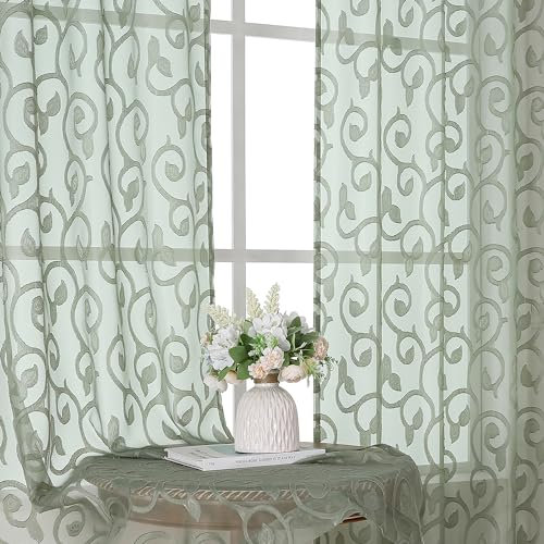 OWENIE Furman Sage Green Sheer Curtains 96 inches Extra Long for Bedroom Living Room 2 Panels Set, Light Filtering Soft Semi Sheer Jacquard Clip Farmhouse Curtains Rod Pocket Design, 40Wx96L inch
