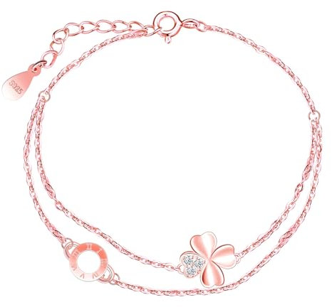 INFINIONLY Womens Girls Elegant Rose Gold Bracelets 925 Sterling Silver Creative Four Leaf Clover with Zircon Bracelet with Double Adjustable Anchor Chain