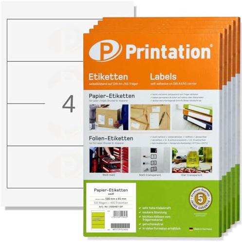 Printation Etiquetas para lomo de carpetas 190 x 61 mm de ancho, 2000 etiquetas autoadhesivas blancas imprimibles – 500 hojas DIN A4 1 x 4 190 x 61 etiquetas para carpetas