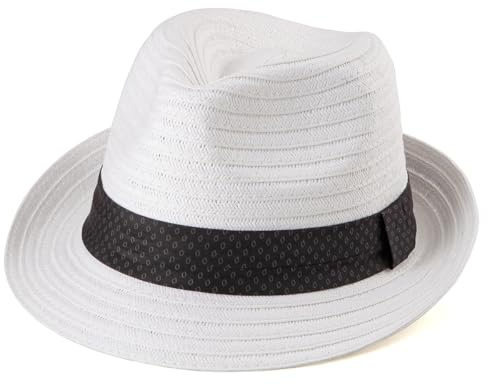 LADYBRO Casual Leightweight White Hat for Men Summer Straw Trilby with Print Band M/L