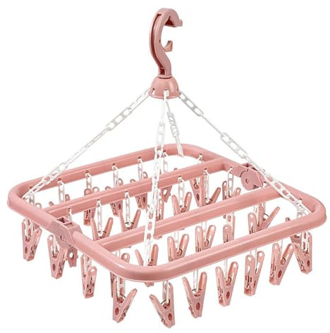 XIANTIAN Clothes Drying Hanger with 32 Clips and Drip,Foldable Clothes drying rack,Windproof Laundry rack for Sock,Underwear hanger, Clothes pegs, Laundry airer (Pink)