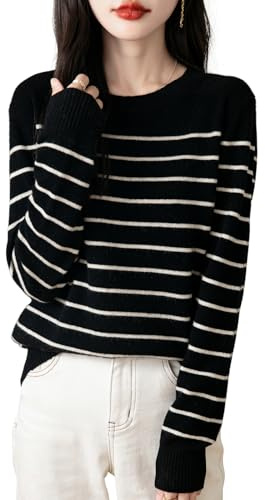 Chanyarn Women's 100% Merino Wool Sweater 2025 Fall Winter Crew Neck Striped Long Sleeve Warm Soft Knit Sweater (Black,M)