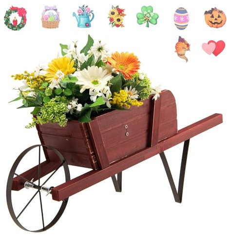 TANGZON Wheelbarrow Planter, Wooden Garden Wagon Planter Cart with 9 Magnetic Accessories, Wheel, 2 Handle, Outdoor Rustic Pine Wood Decorative Raised Plant Pot Stand for Patio Balcony (Reddish Brown)