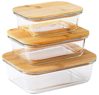 Cobenga Meal Prep Glass Food Storage Containers, 3 Size Eco-friendly Food Containers with Airtight Bamboo Lids, Reusable Nesting Glass Meal Prep Containers, Airtight Lunch Box Microwave and Oven Safe