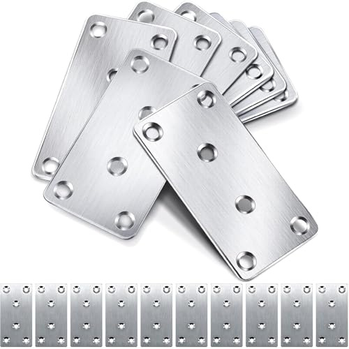 10pcs Flat Brackets for Wood, Mending Plates, 80 × 40 × 2mm Flat Joining Plates, Sleeper Bracket Heavy Duty, Stainless Steel Mending Plates for Connector, Metal Brackets for Wood Fixing (Silver)