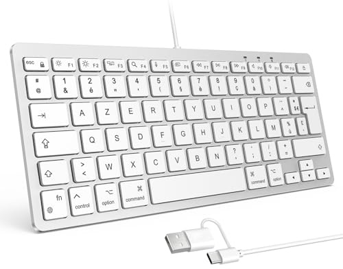 OMOTON Clavier Filaire pour Mac, Clavier Compact Portable à Double Interface USB et Type-C Compatible avec Apple Mac Pro/Mini, MacBook Pro/Air, iMac Pro, AZERTY Français, Argent