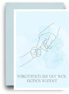 WBdesignz Geburtskarte „Willkommen auf der Welt, kleines Wunder“ mit blauem Umschlag - mit Finger-Halte-Illustration - für Neugeborenes Baby, Mädchen & Jungen - Glückwunschkarte zur Geburt (DIN A6)