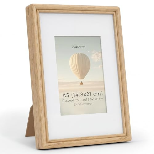 Feihorrm Bilderrahmen A5, Eichenholz Rahmen Mit Gehärtetem Glas | Bilderrahmen Holz Für A5 Fotos ohne Passepartout oder 9.5x13.8 cm Fotos mit Passepartout, für Wand und Tisch