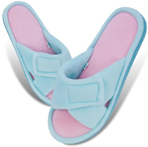 Magtoe Women's Open-Toe Slippers Summer Adjustable Hook and Loop Closure Slipper Home Slides Shoes Memory Foam Micro Suede Indoor Outdoor Coral Velvet Slipper, Aqua Pink, XL(11-12)