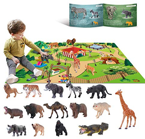 YouCute 15 Animal Toys for 3 4 5 6 Years Old Boys Girls Jungle Wild Set Educational Plastic Animal Toys with Play Mat Lion Tiger Party Gifts for Kids