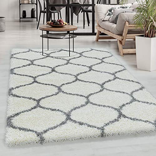 Carpetsale24 Hochflor Teppich 140x200 cm Creme Modern Skandinavisch Geometrisches Design Shaggy Flauschig Weich Pflegeleicht für Wohnzimmer Schlafzimmer Esszimmer