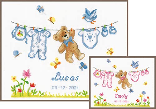 Vervaco Gezählter Kreuzstich Stickpackungen Stickset Baby Geburt Geburtsbär Wanddekoration Handarbeit Set für Erwachsene Kreatives Handwerk ca. 22 x 20 cm Geburt Geschenk Hausdeko