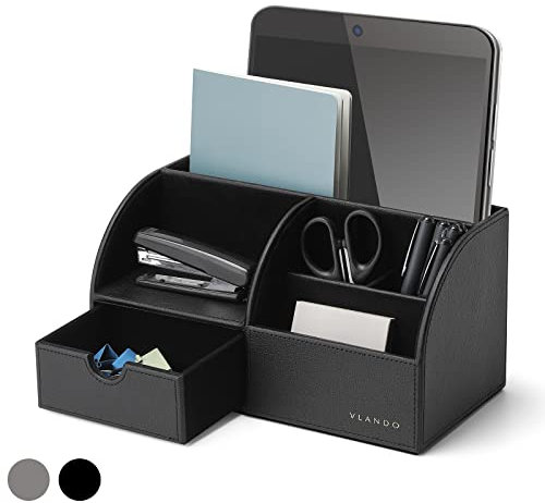 VLANDO Desk Organizer with Drawer, Leather Office Storage Caddy, Black