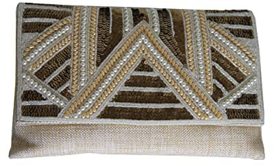 MOSELLE | Damen Clutch aus Jute, Stoff-Handtasche mit Perlen und Pailletten, Abendmode, Modische Umhängetasche | Beige