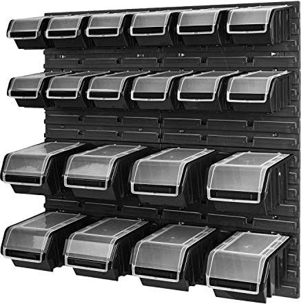 PAFEN Stapelbox Wandregal - 772 x 780 mm - Lagersystem 20 Stück Boxen mit Deckel - Lagerregal Sichtlagerkästen Schüttenregal, Schwarz