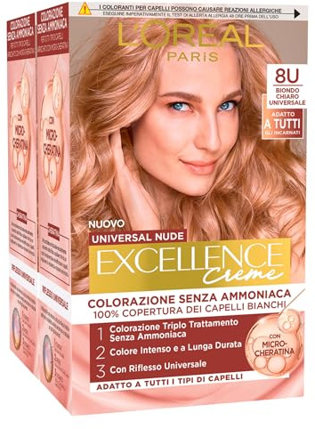 L'Oréal Paris Tinta Permanente Excellence Creme Universal Nude 8U Rubio Claro Universal Cubre el 100% del Cabello Blanco de Larga Duración con Micro-Queratina - 2 Tintes