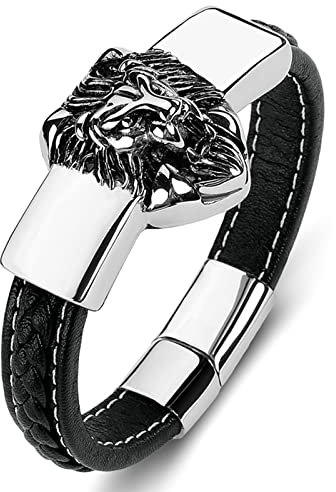 KnSam Geschenke Für Männer - Charm Armband, Lederarmband Jungs Löwe Lederarmbänder Rocker Titan-Stahl Armschmuck Schwarz mit Magnet Verschluss, Länge 20CM