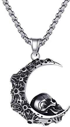Flongo Gothic & Vintage Unisex Halskette mit Mond- und Totenkopf-Anhänger aus Edelstahl, Weizenkette 56cm, für Punk, Hip-Hop, Rock, Männer und Frauen