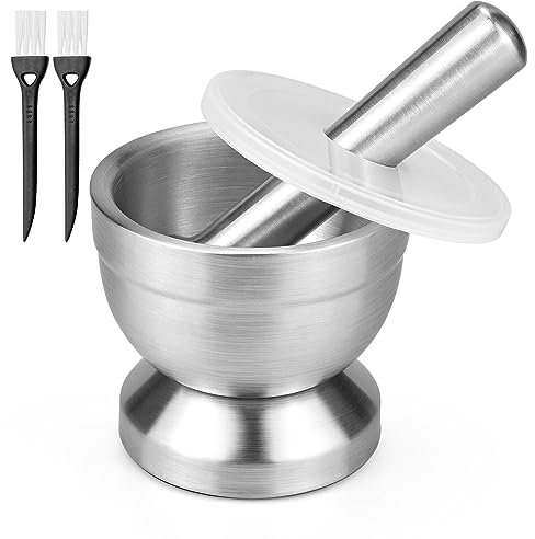 Mortaio con pestello, set di mortaio e pestello in acciaio inox con coperchio e spazzola per la pulizia, piccolo mortaio con paletta, Ø 10 cm (3,9), adatto per alimenti, pestle e mortar per macinare,
