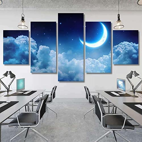 Leinwand Wandkunst Modulare Bilder Wohnkultur 5 Stückesternenklare Nacht Des Romantischen Mondes In Den Wolken (Ungerahmt 200 X 100 Cm) Gemälde Wohnzimmer Hotelrestaurant Kinderzimmer Schlafzimmer Hd