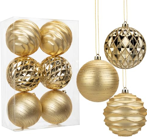 Hollyone Bolas grandes de oro de 10 cm, 6 bolas de Navidad gigantes para decoración de árbol de Navidad, adornos colgantes para decoración de árbol de fiesta de boda