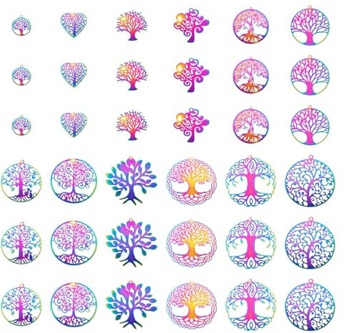 Spritewelry 48 ciondoli in filigrana in 12 stili a forma di albero della vita, in acciaio inox, arcobaleno, multicolore, decorazioni in metallo per portachiavi, collane, bracciali, orecchini, gioielli