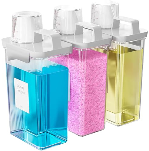 Hordely Waschmittelspender für Waschmittel, 2,2 l, 3 Stück, Flüssigwaschmittelspender aus Kunststoff, für Waschküche/Pulver/Weichspüler mit Etiketten, transparent