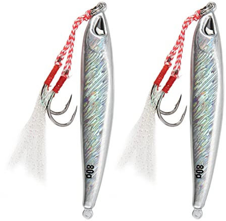 2Pcs Jigs de Pêche Verticaux - Leurre à Paillettes Artificiel à Lancer Long Plaque Fer avec Hameçons pour Thon, Bar, Mérou (80g)