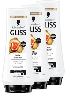 Gliss Spülung Total Repair (3x 200 ml), Haarspülung repariert trockenes, strapaziertes Haar, Pflegespülung für bis zu 90% weniger Haarbruch