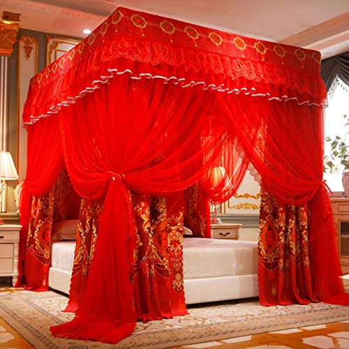 GUHPZA Palace Floor Bettvorhang Romantic 4 Corner Pfostennetz mit Betthimmel Vorhang Baldachin für Mädchen Frauen Erwachsene Hochzeit Schlafzimmer Dekoration (Rot 180 * 220 cm)
