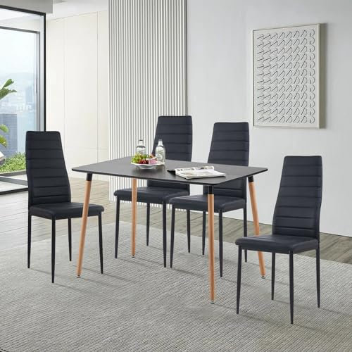 FURNITABLE Esstisch mit 4 Stühlen Esszimmergruppe, Essgruppen für 4 Personen, 4er Set Esszimmerstühle mit Rechteckig Küchentisch für Wohnzimmer Küche Büro(Schwarz Tisch+4 Schwarz Stühle)