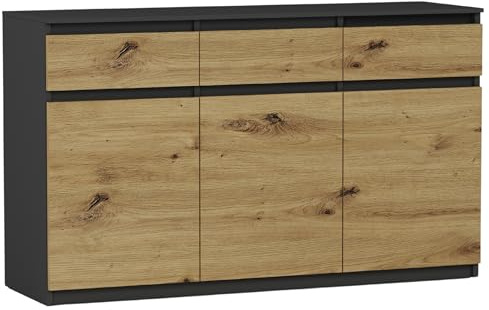 Framire Highboard Anthrazit/Artisan Eiche 120x40x98 cm – 3-türige Kommode mit Schubladen, Sideboard für Wohnzimmer, Esszimmer & Schlafzimmer, modernes Schrankmöbel, Modern S-3