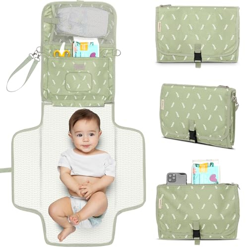 KeaBabies Portable Diaper Changing Pad, Travel, Car - Large Waterproof Baby Changing Mat, Wipeable, Padded, On The Go Travel Diaper Clutch Bag, Easy to Use Pockets for Newborn Essentials (Acacia)