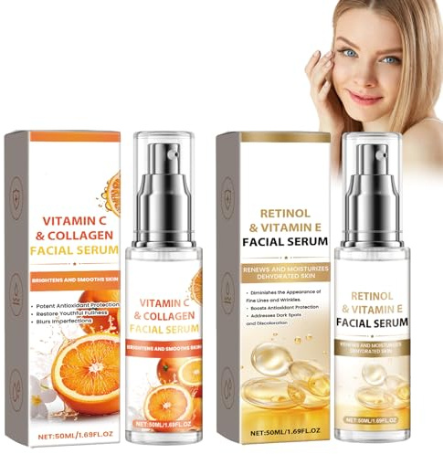 Vitamina C Suero+Suero de Retinol, con Vitamina E, Sérum Antiarrugas Profundo, Esencia Iluminadora de Polipéptido Reafirmante Facial, Cuidado de la Piel con Esencia Nutritiva