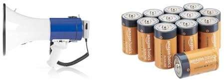 Nedis - Megafono - Microfono Staccabile - Sirena Integrata - 25 W - Tracolla - Volume Regolabile & Amazon Basics - Batterie alcaline Mono D, 1.5 volt, per uso quotidiano, confezione da 12