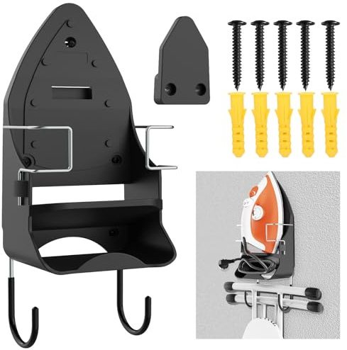 Dolenor Wandhalterung für Bügeleisen, Bügelbrett-Aufhänger für Haushalt, Badezimmer und Waschküche, elektrischer Bügeleisenhalter mit Haken, für max. 13,7 cm (schwarz)