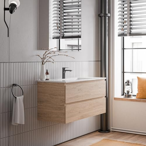 Bernstein Badmöbel-Set AVA 100cm, Waschbecken mit Unterschrank in Eiche honiggelb, Keramik-Waschbecken in Weiß glänzend mit einem Hahnloch, Ideal für mittel große Bäder