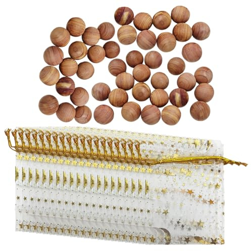 50 bolas, 20 bolsas de gasa con estampado en caliente, bolas de madera de cedro repelentes de insectos, resistentes a las polillas y a la humedad para el armario, adecuadas para armarios y cajones
