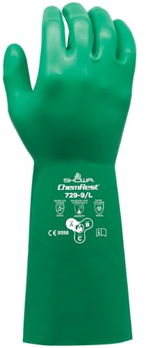 SHOWA 729 Guantes de seguridad de nitrilo sin forro, resistentes a los químicos, con palma de diamante elevada, 15 mil de grosor, 13 pulgadas de largo, verde, XXL (12 pares)