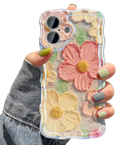 UEEBAI Case for iPhone 16, Colorful Retro Oil Painting Flower Case Pretty Glossy Pattern Wave Case Cute Sparkly Floral Curly Cover Stylish Case for Women and Girl, Orange Yellow