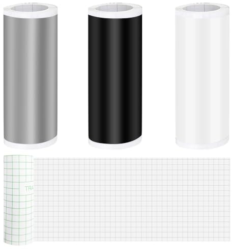 4 Rollen Smart Vinyl Permanent mit Transferfolie für Cricut Joy, 14x200cm | Smart Adhesive Vinyl Permanent, Transferfolie Rollen Vinylfolie Plotter Set für DIY (Schwarz+Weiß+Silber+Transferfolie)