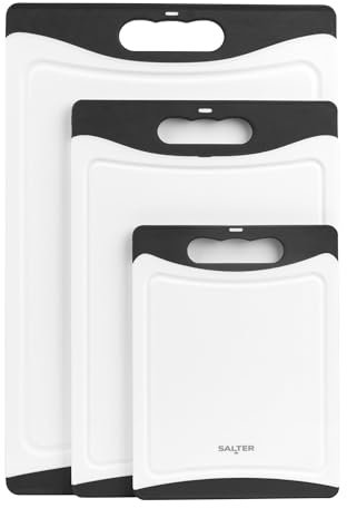 Salter 3-Piece Plastic Chopping Board Set – Set of 3 Double-Sided Cutting Boards, Non-Slip, Easy to Clean, Dishwasher Safe, Food Preparation, Small, Medium, & Large, Meat & Vegetables, Black/White