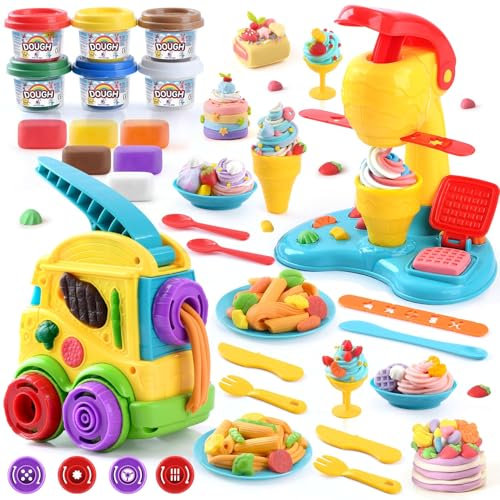 PLAY 2 in 1 Formine Plastilina per Bambini, Plastilina Macchina Gelato Bambini e Macchina Pasta, 35 Pezzi Pasta da Modellare per Ragazzi & Ragazze 3+ Anni, con 504g di Argilla Colorata