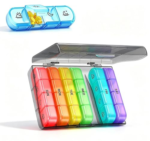 SHENGYIG Wochendispenser für 7 Tage mit 28 Fächern, 4 Fächer pro Tag | Pillenbox mit Sicherheitsverschluss & Erinnerung, für Medikamente, Vitamine & Tabletten, Einfache Organisation